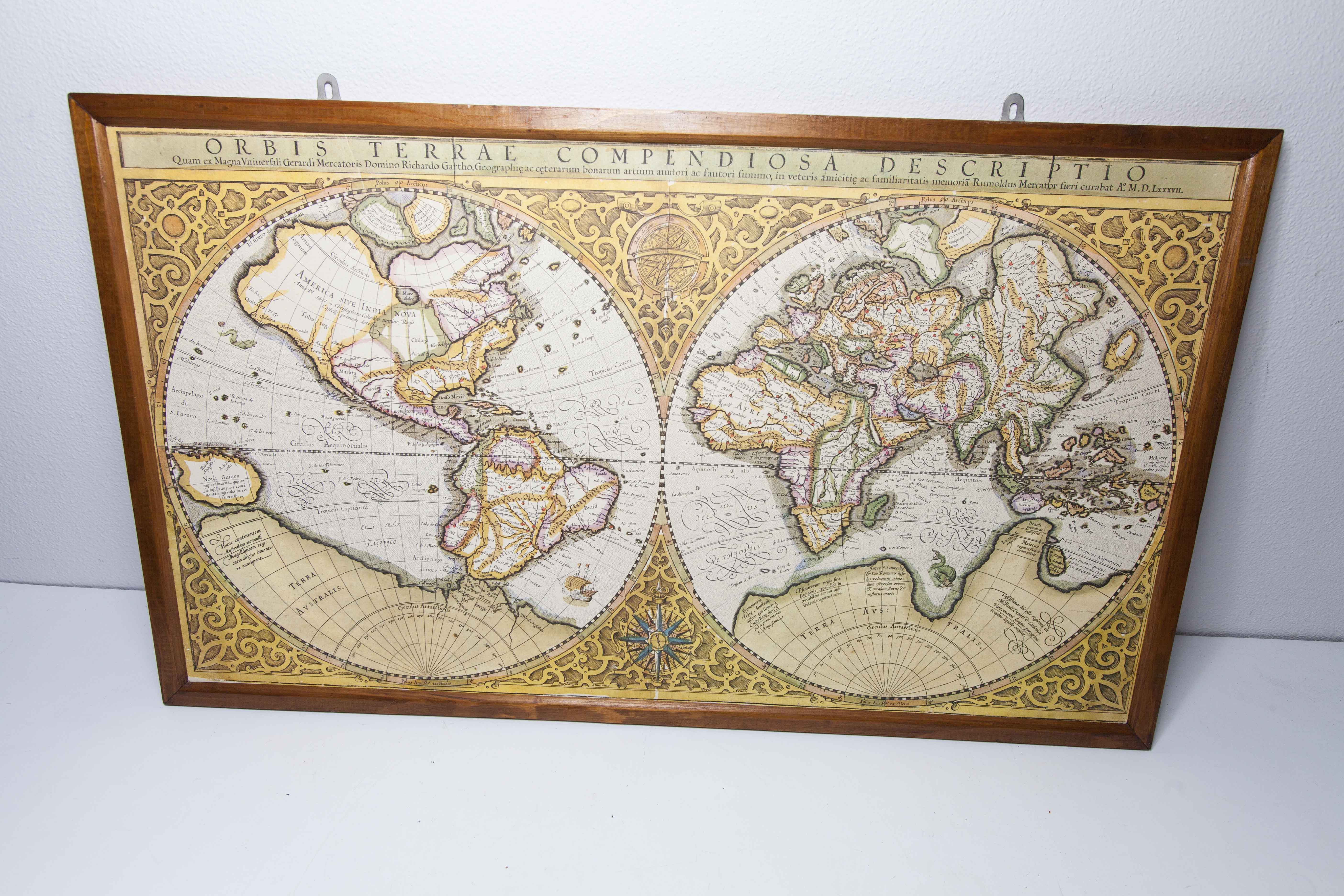 Frame and map "Orbis terrae compendiosa descriptio", Reproduction of an engraving Gérard Mercator