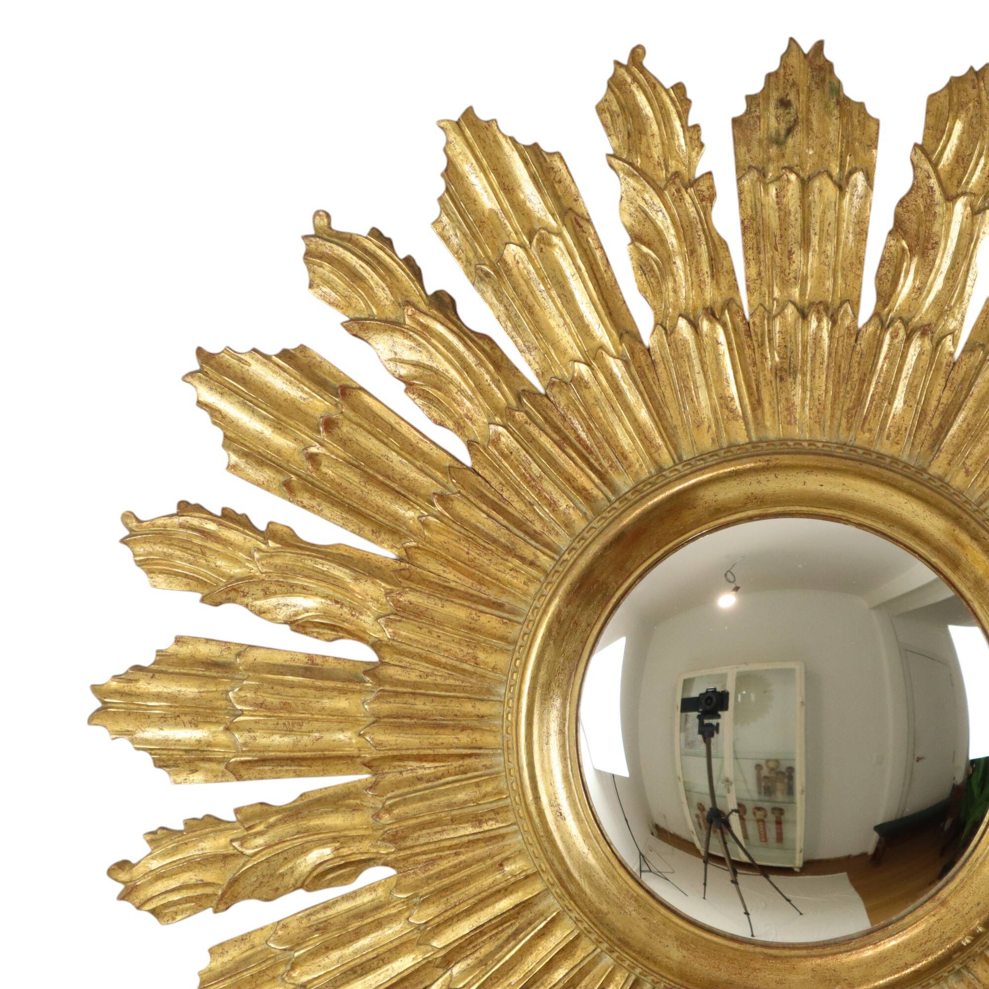 Large Wooden Sun Mirror Sunburst Butler XL Mirror Gold 70cm