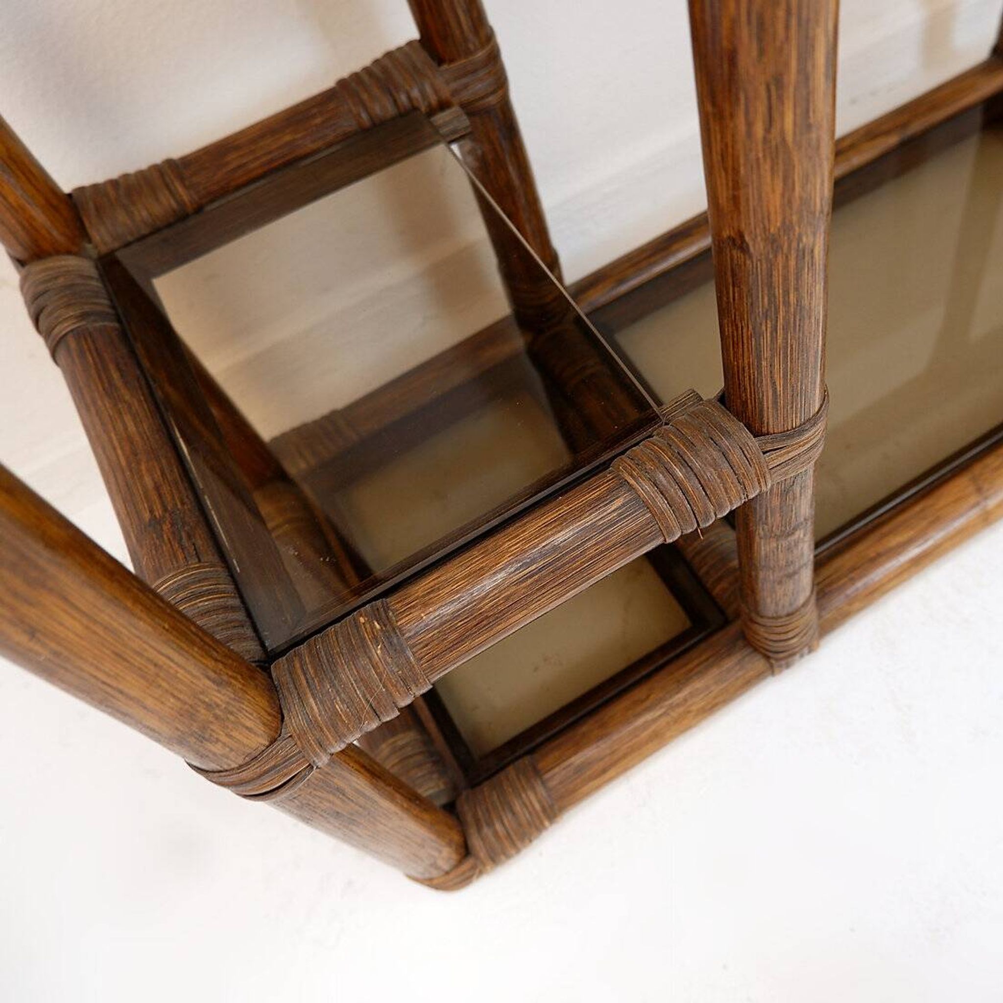 Asymmetrical shelf in bamboo and smoked glass - 1970s