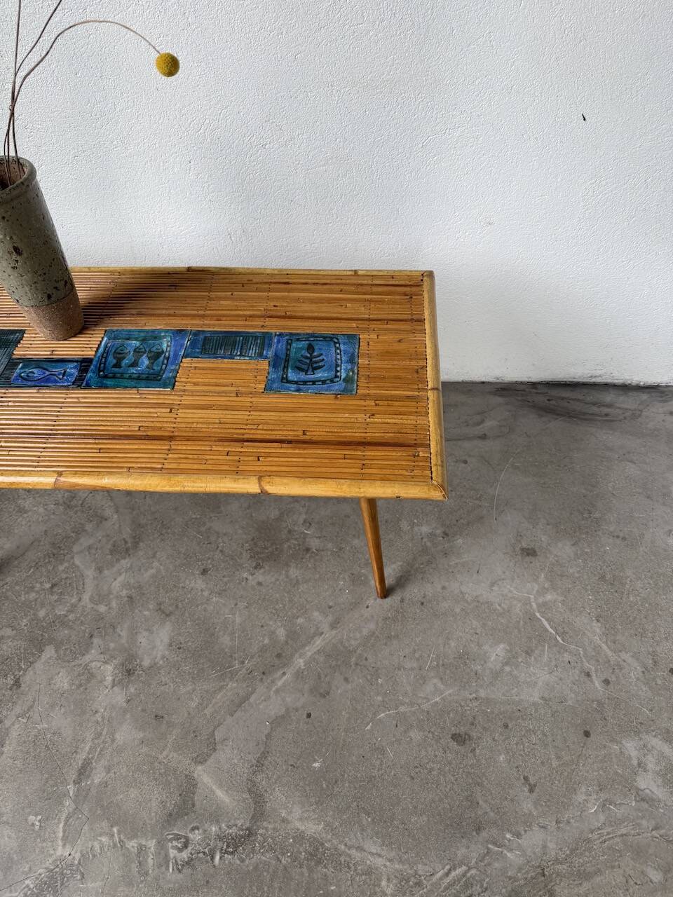 Rattan and ceramic coffee table, 60s