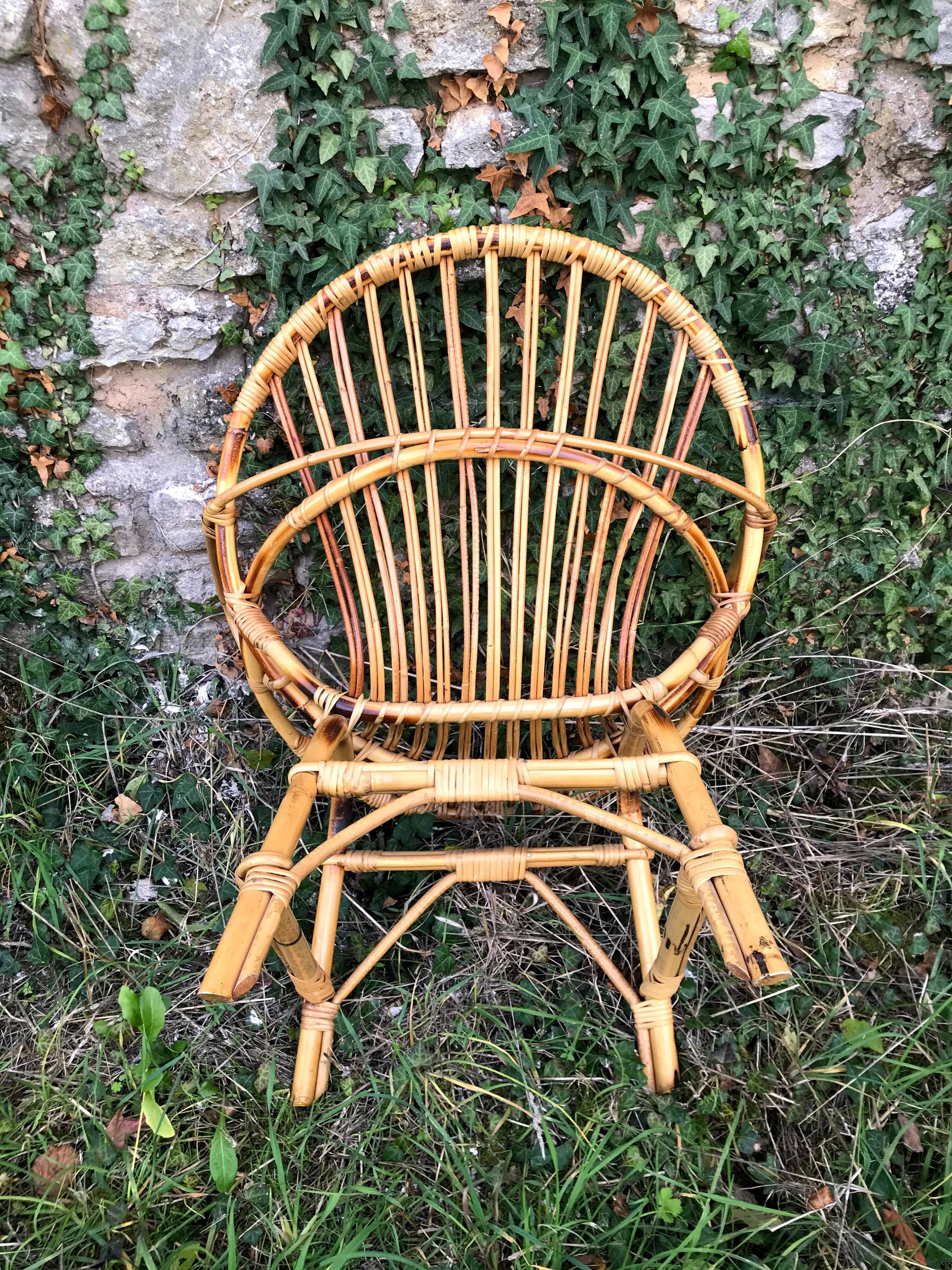 Fauteuil coquille rotin et bambou vintage des années 60