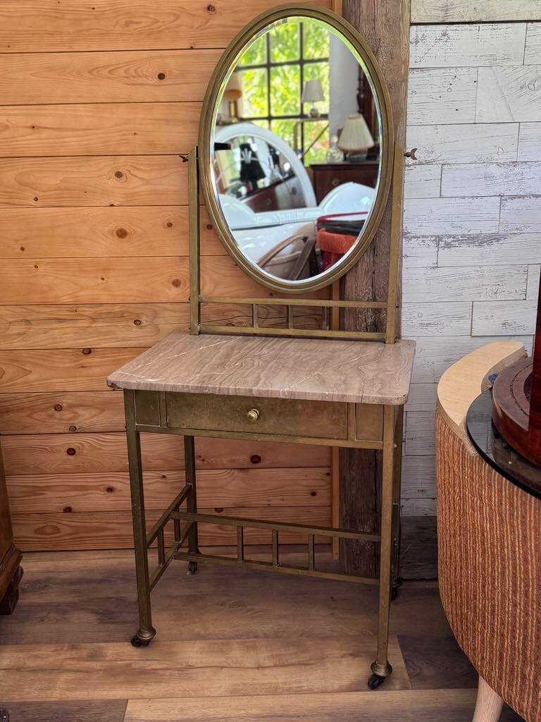 Vintage French Art Deco vanity table in brass and marble, 1940s