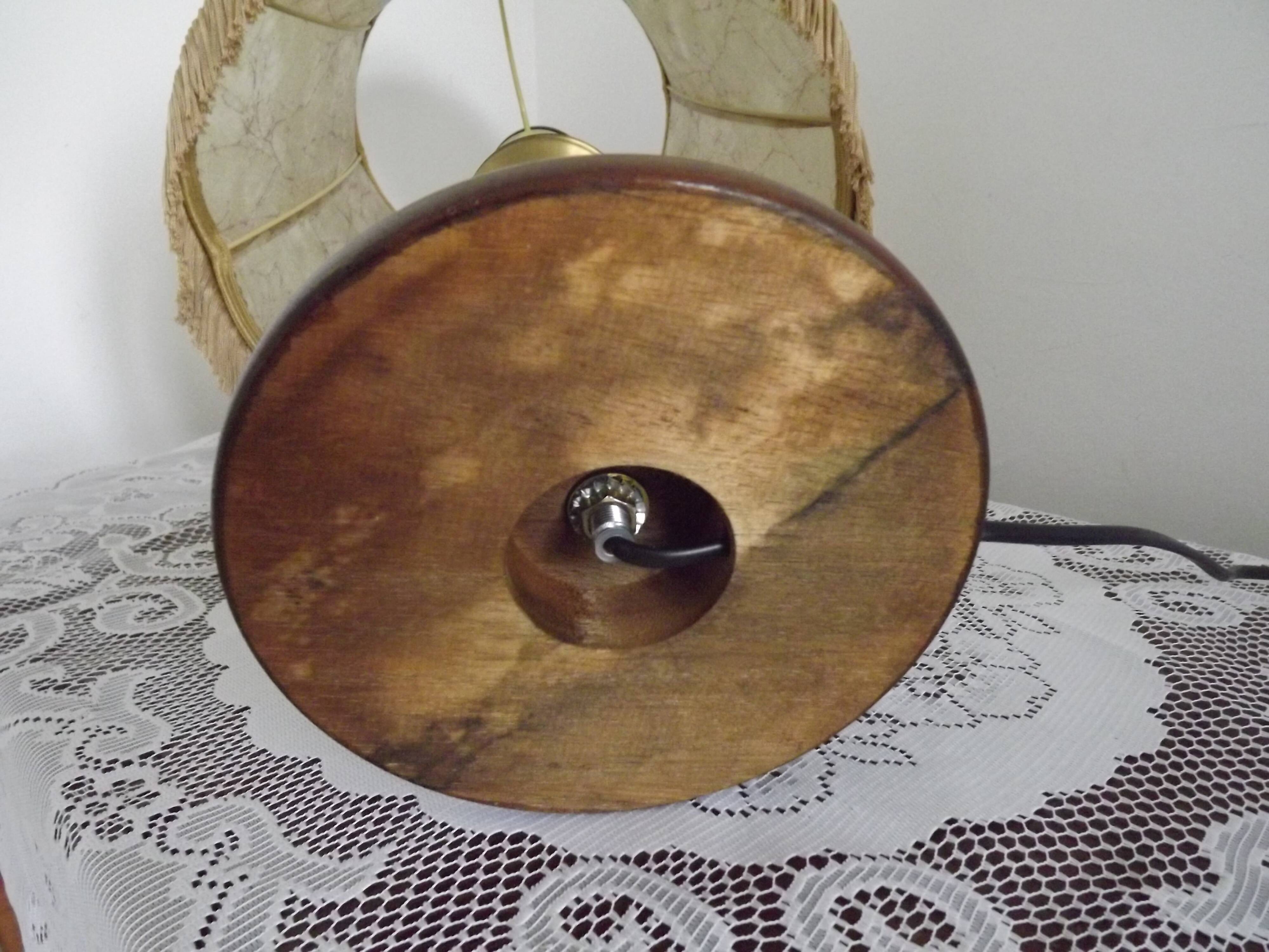 French Mid-Century Brass and Turned Wood Table Lamp with Hide Skin Shade