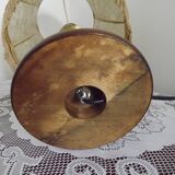 French Mid-Century Brass and Turned Wood Table Lamp with Hide Skin Shade