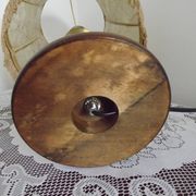 French Mid-Century Brass and Turned Wood Table Lamp with Hide Skin Shade