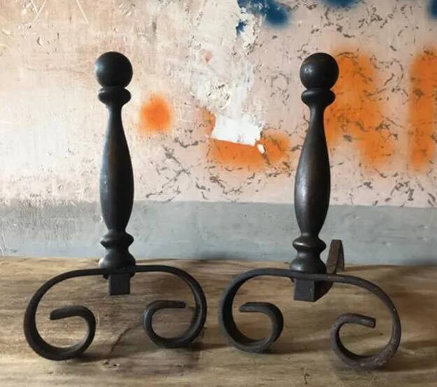 Vintage andirons, pair of andirons, fireplace accessory, cast iron brass andirons