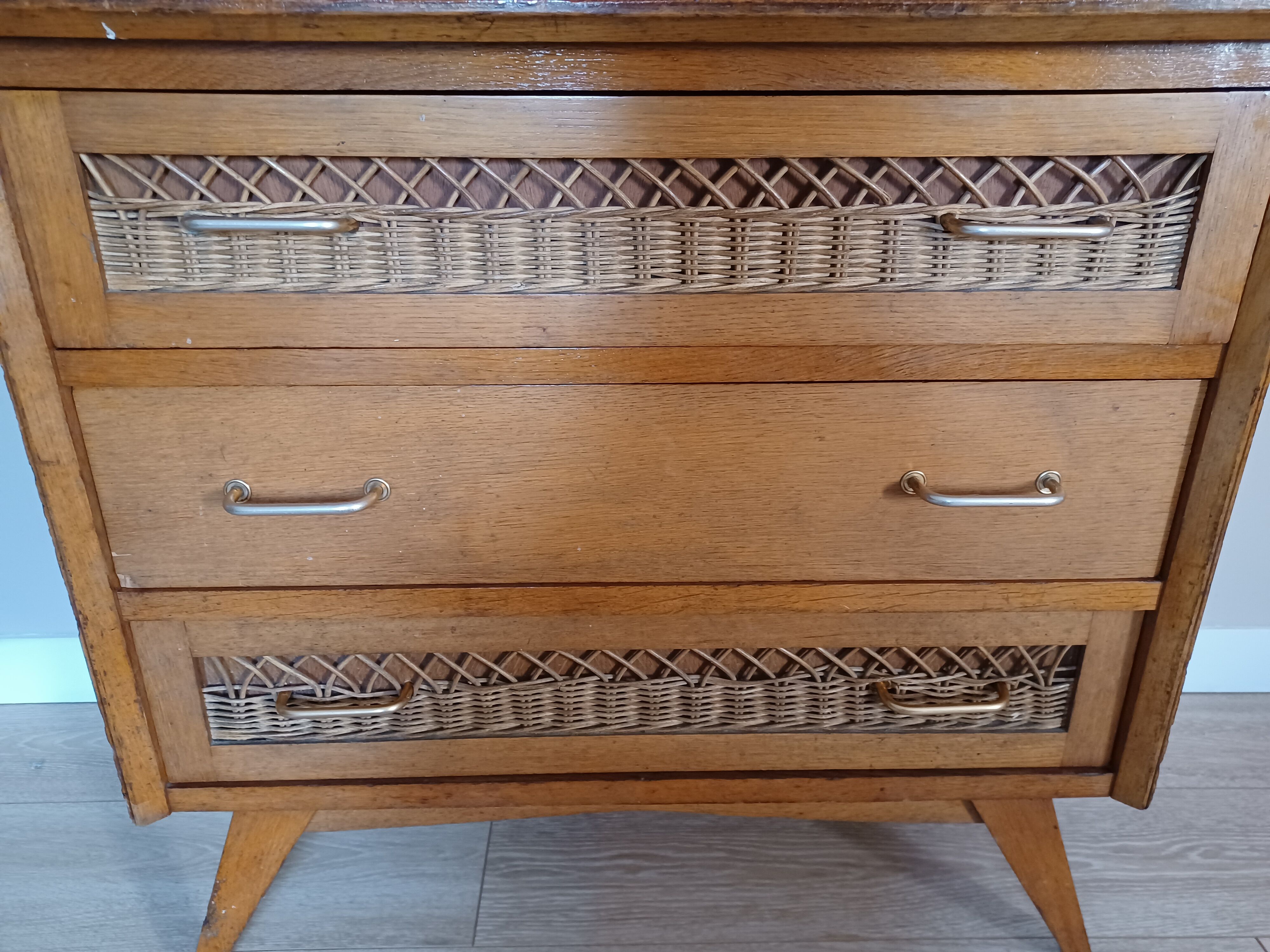 Commode bois et rotin vintage années 50