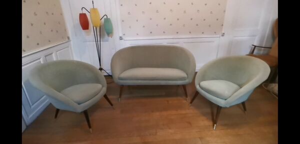 Fauteuil coquillage rond années 50 60 gris vert