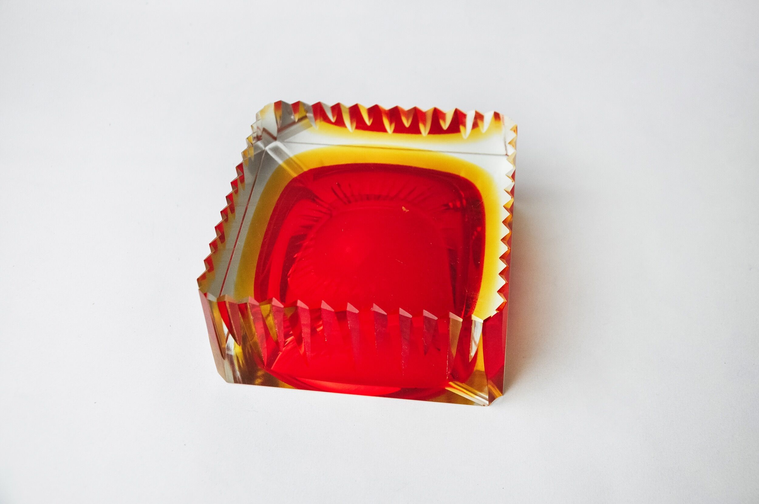 Red and yellow cubic Sommerso ashtray by Seguso, Murano, Italy, 1970