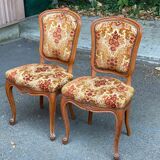2 Louis XV chairs in solid wood and red-yellow fabric