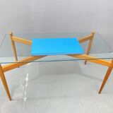 Table basse en verre avec cadre en bois, années 1960, Tchécoslovaquie