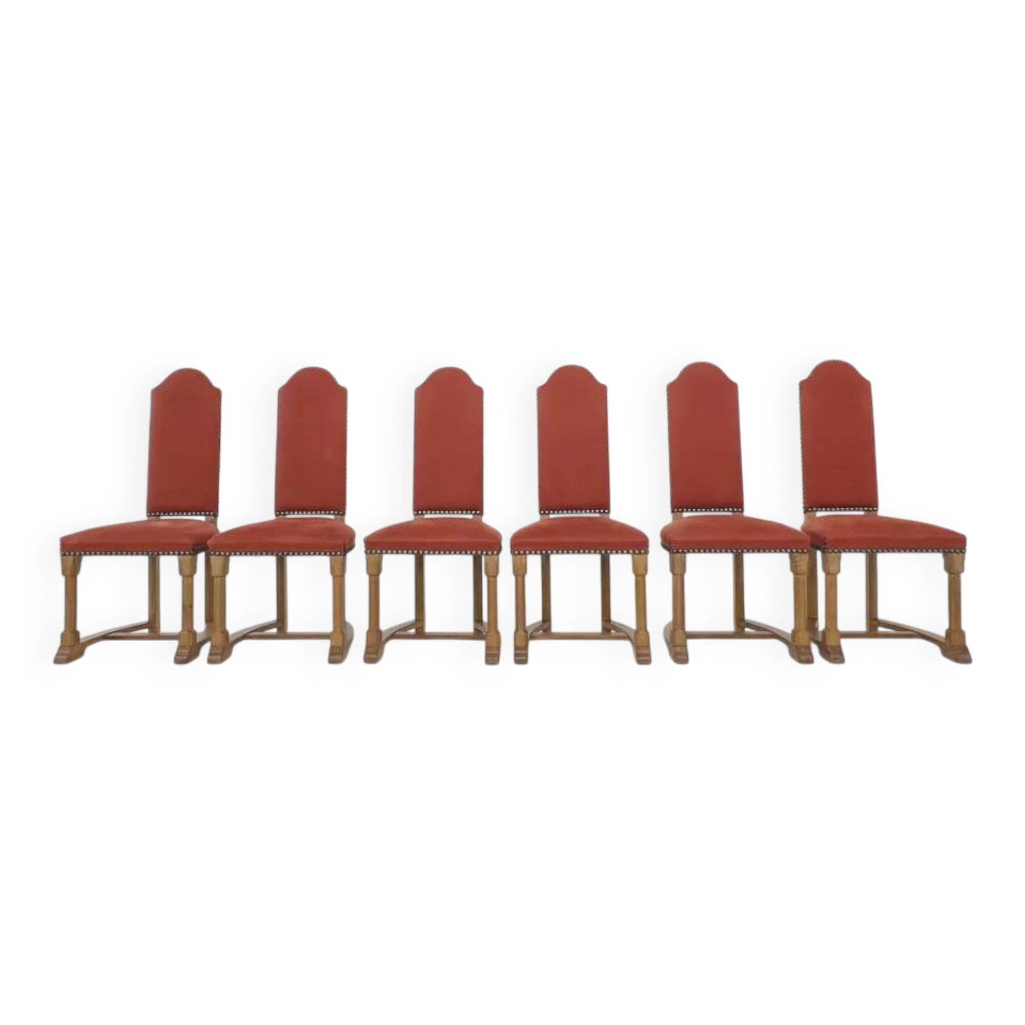 Set of 8 chairs in Louis XIII style made of oak and fabric.