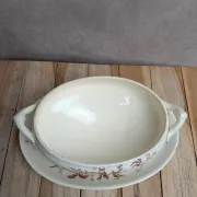 Antique sauce boat in ironstone from Salins – Sepia dragonfly decoration – With lid