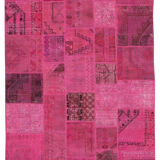 Handwoven anatolian contemporary 203 cm x 302 cm pink patchwork carpet