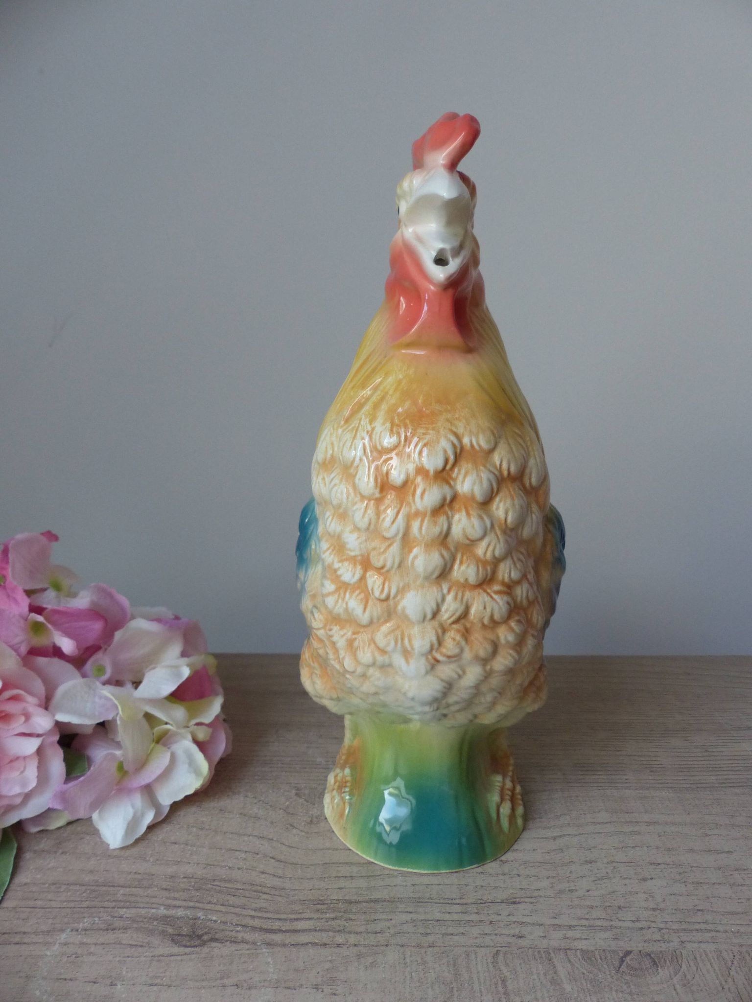 Vintage ceramic jug rooster – soft yellow and blue colours, vintage.