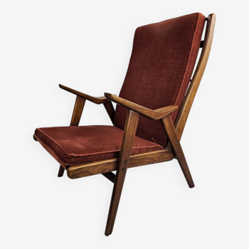 Teak armchair with red ribbed fabric Gelderlander Rob Parry