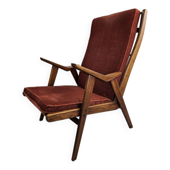 Teak armchair with red ribbed fabric Gelderlander Rob Parry
