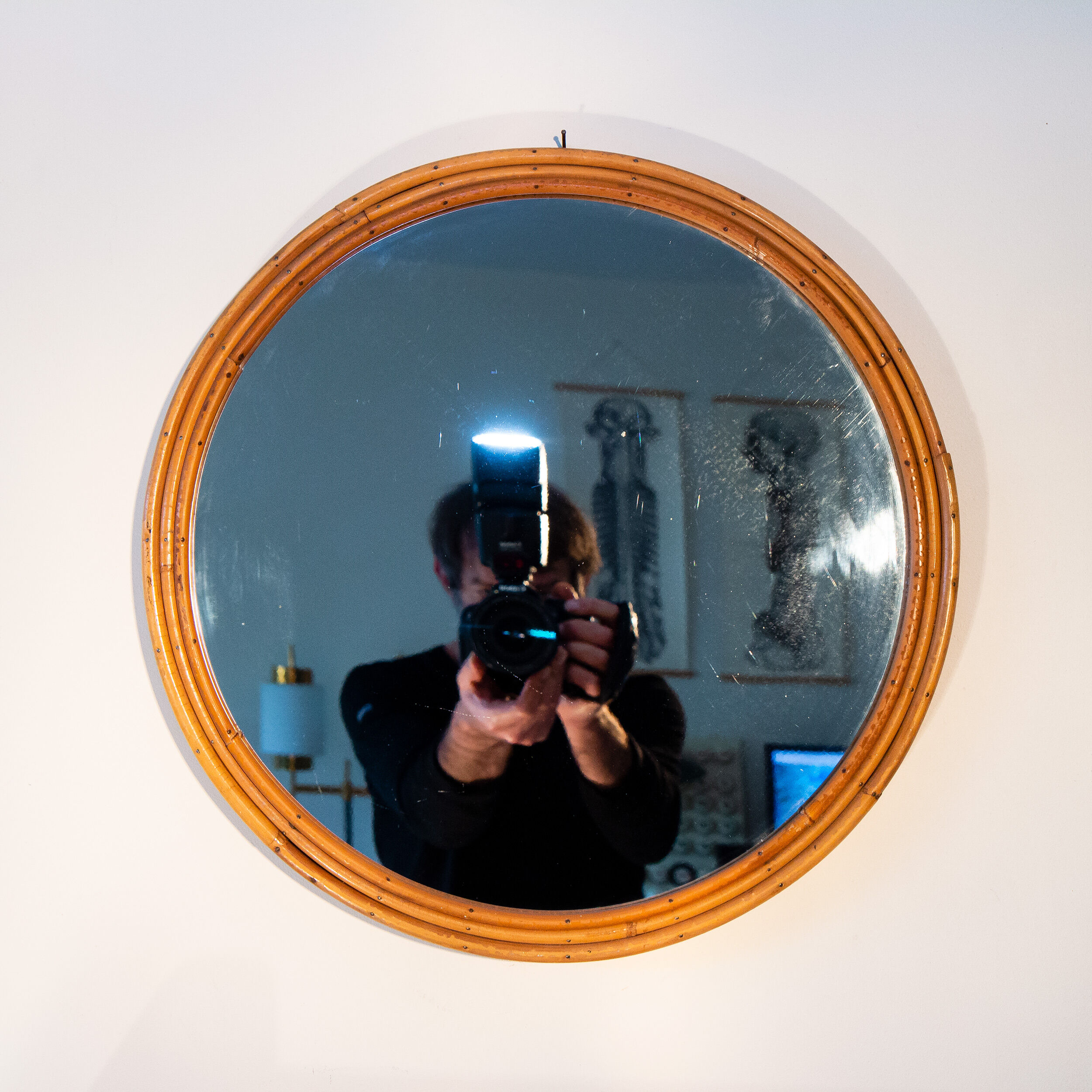 1970 mirror, rattan frame