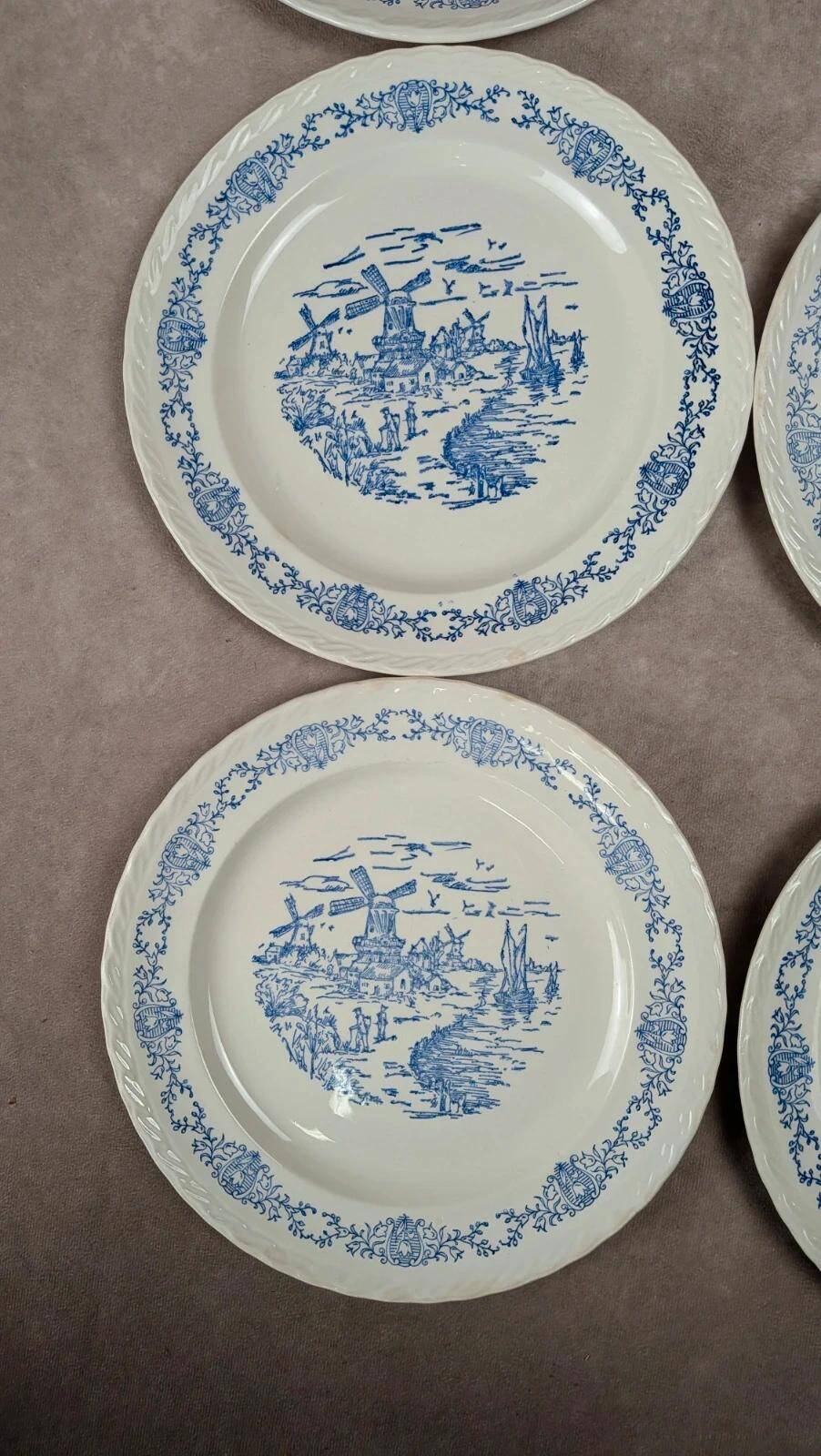 Set of 6 antique flat plates Rotterdam blue windmill design.