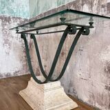 Console in glass and antique patinated metal