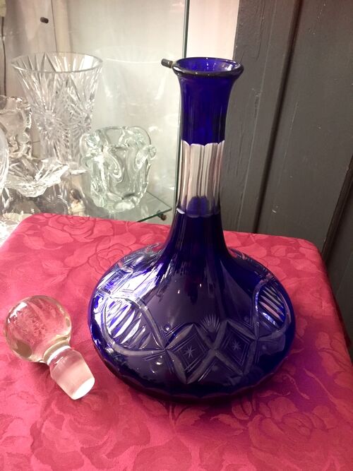 Carafe a decanter in blue and transparent bohemian glass