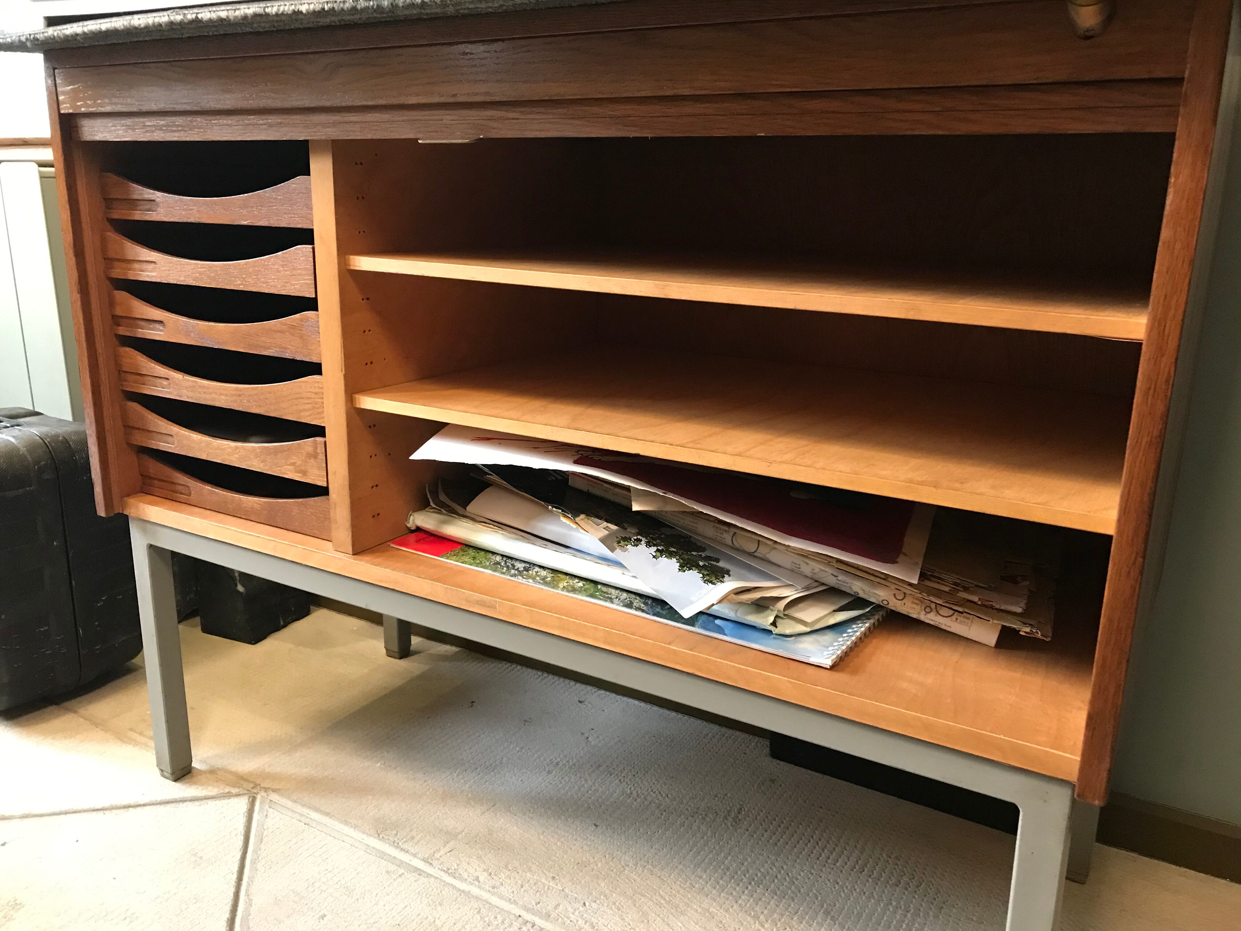 Vintage Scandinavian wood roller cabinet brand Facit