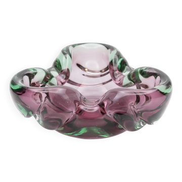 Vintage pink and green glass vide-poche/ashtray, organic shape, Murano.