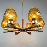 Lustre en bois et verre du milieu du siècle, années 1970