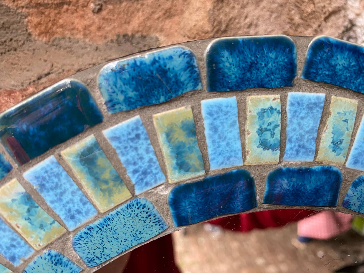 Round ceramic mirror with blue mosaic decor circa 1960