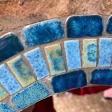 Round ceramic mirror with blue mosaic decor circa 1960