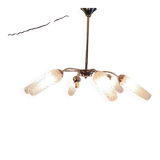 Chandelier with 6 lights in gold-plated metal and glass tulip - mid 20th century.