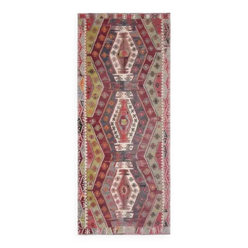 1970s Vintage Turkish Handmade Wool Cotton Colorful Kilim Rug 157x365