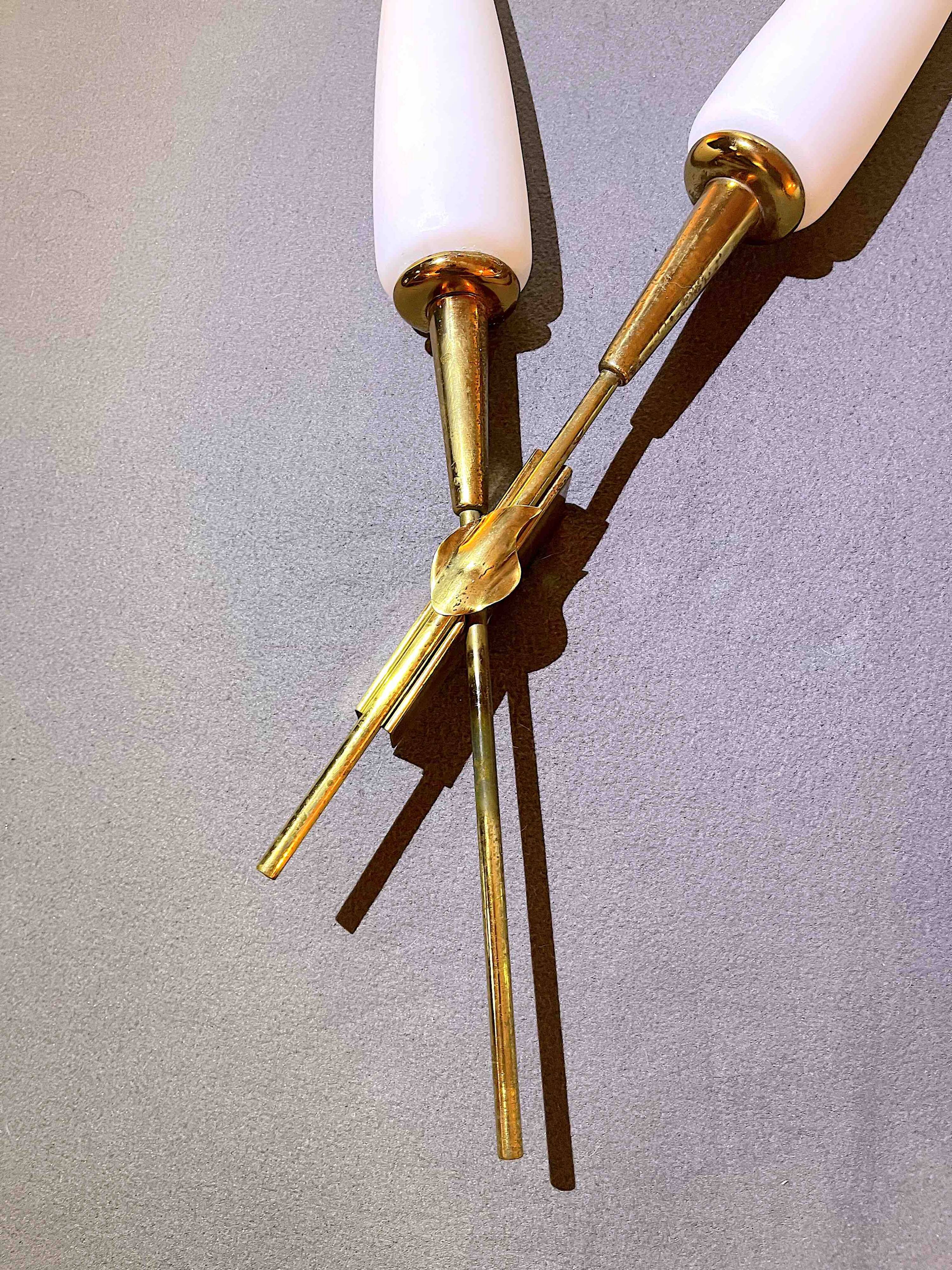 Pair of double crossed brass and opaline sconces, Maison Arlus, France, Mid-Century