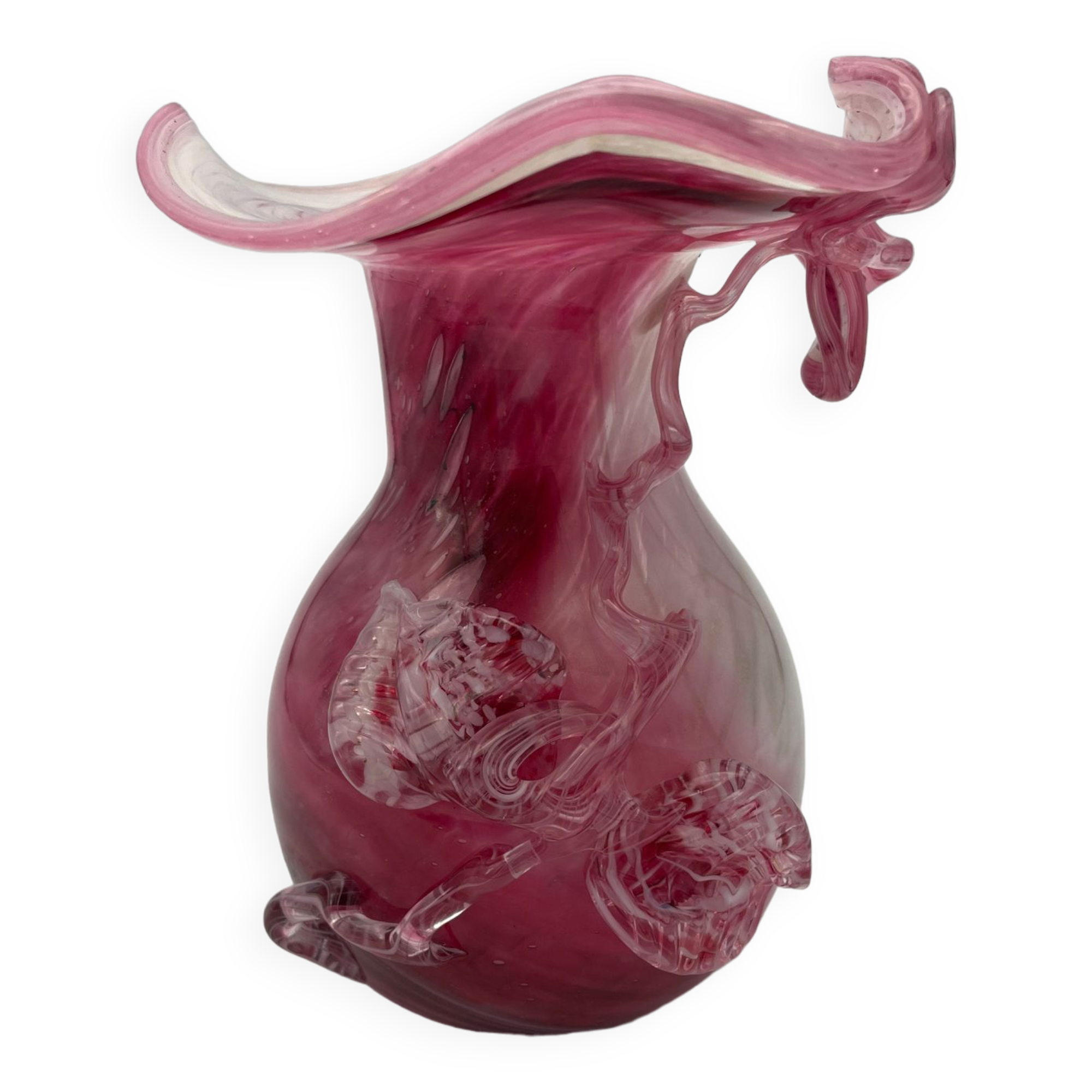 Hand-blown glass vase pink shade with sculptural leaf decor