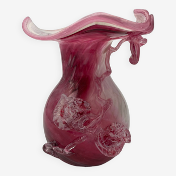 Hand-blown glass vase pink shade with sculptural leaf decor