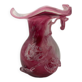 Hand-blown glass vase pink shade with sculptural leaf decor