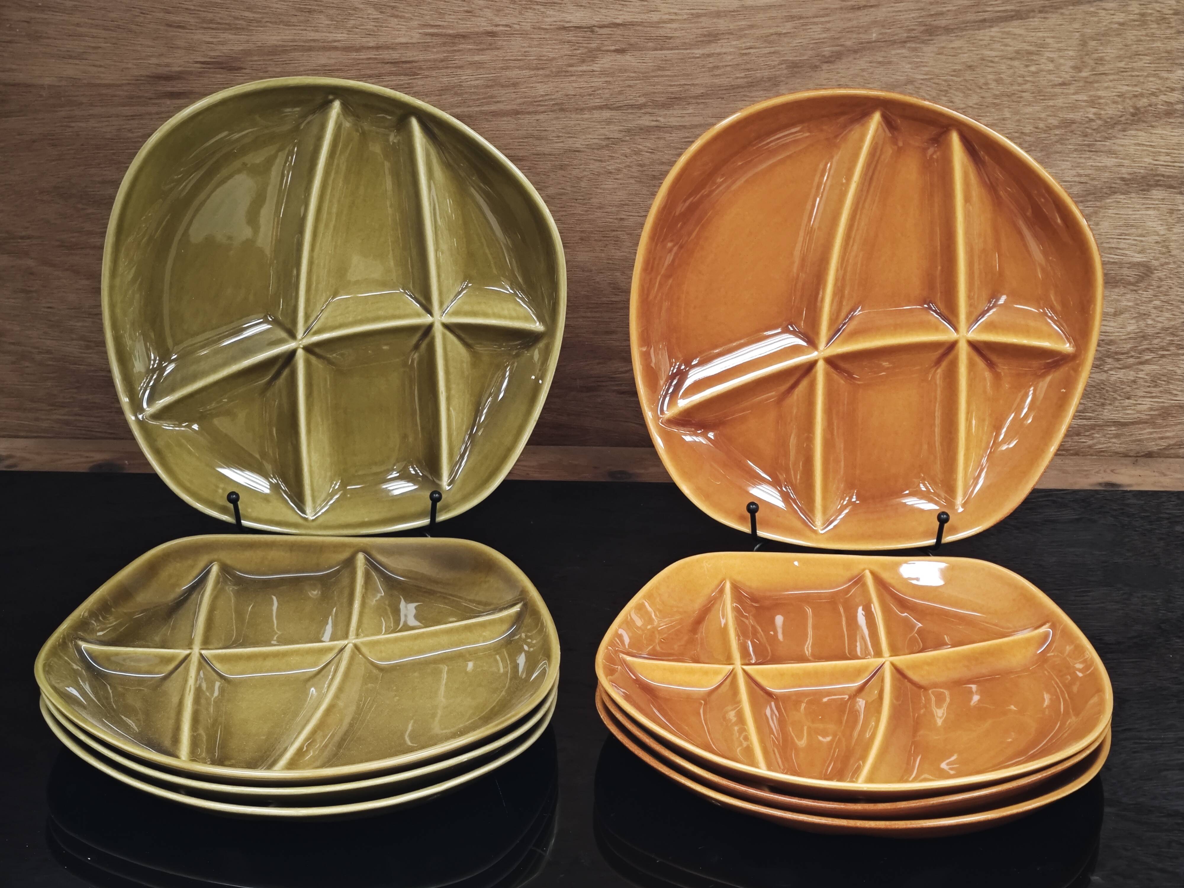 Set of 8 fondue plates Salins France in green and brown.