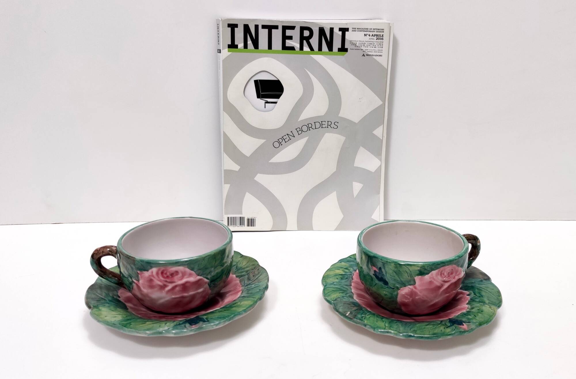 Pair of Green Earthenware Tea /Coffee Cups with Floral Motifs by Zaccagnini