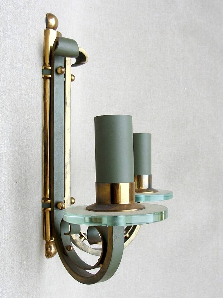 Pair of art deco lacquered metal, brass and glass wall lights