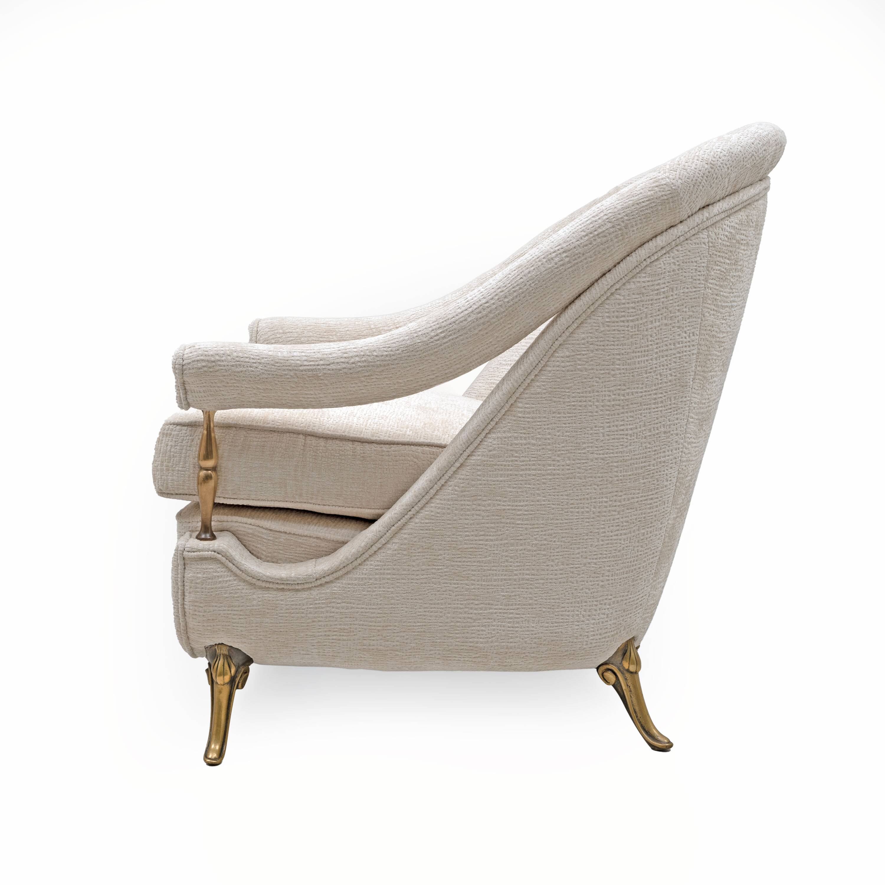 Pair of French Mid-Century Armchairs in Art Deco Style with Brass Details