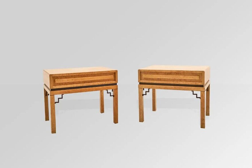 French bedside tables in birch root and brass, 1930s, set of 2