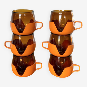 Set de 6 tasses orange plastique et verre années 70