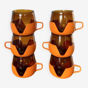 Set of 6 orange plastic and glass cups from the 70s