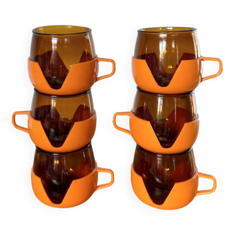 Set de 6 tasses orange plastique et verre années 70