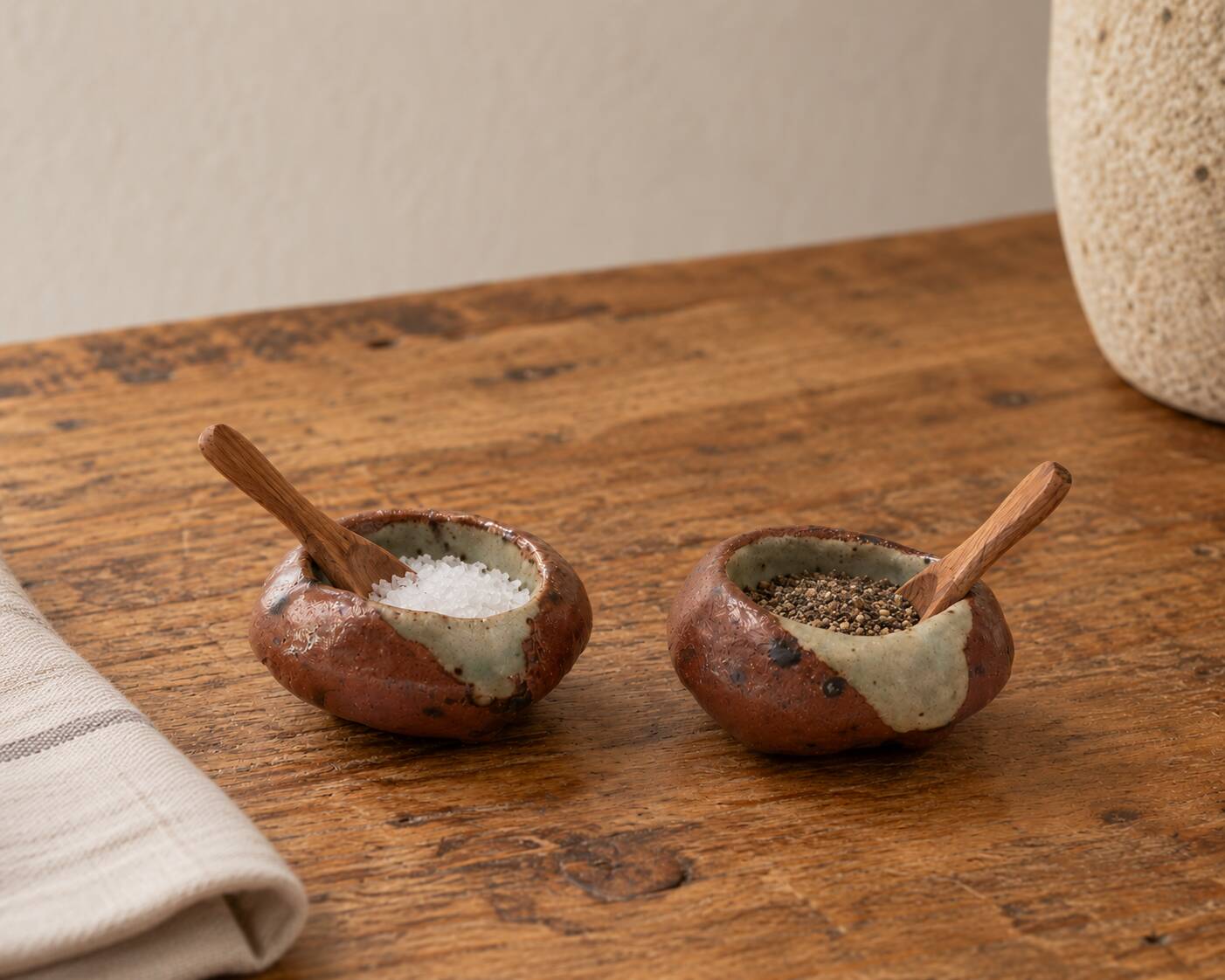 Shaped stoneware salt shakers, free form, 1970s ceramic.