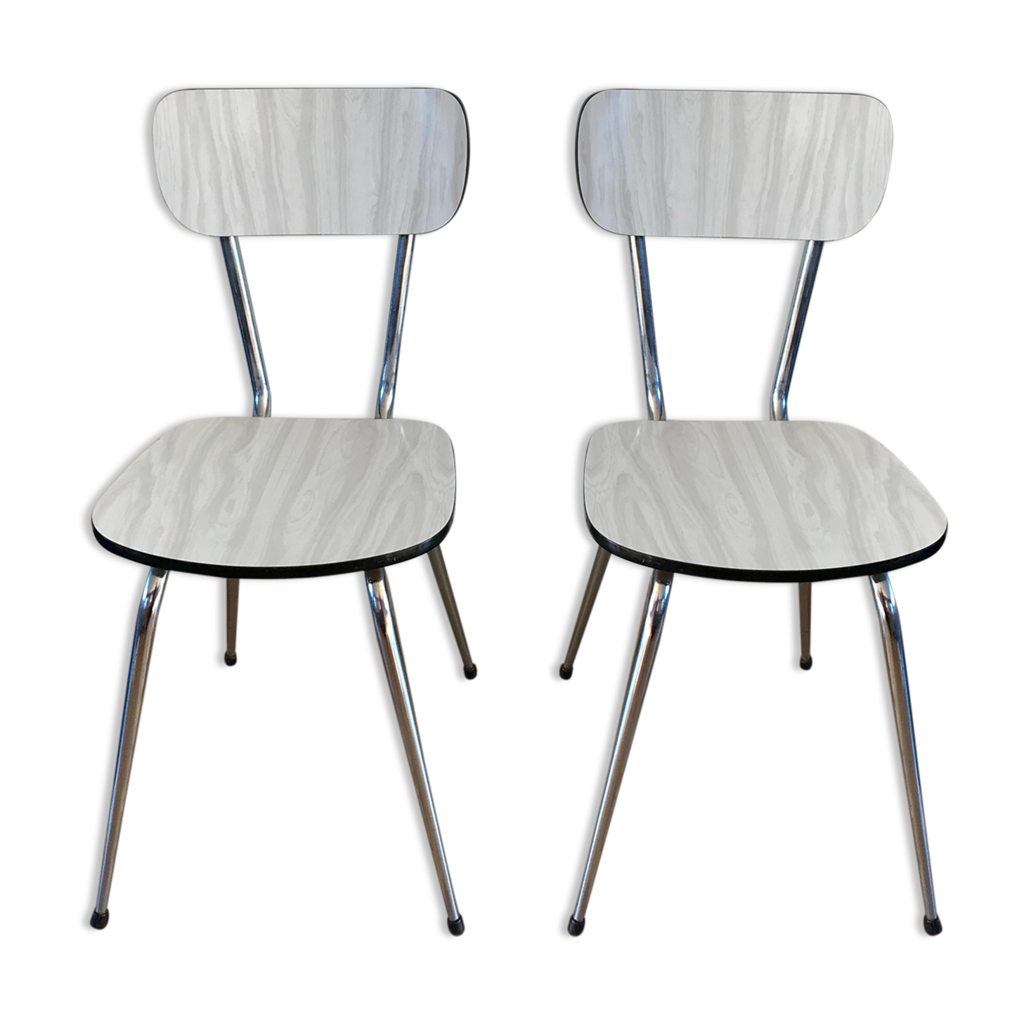 Duo of white formica chairs marble effect 70s