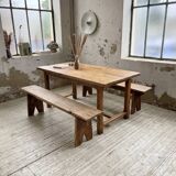 Oak farmhouse table and its two benches