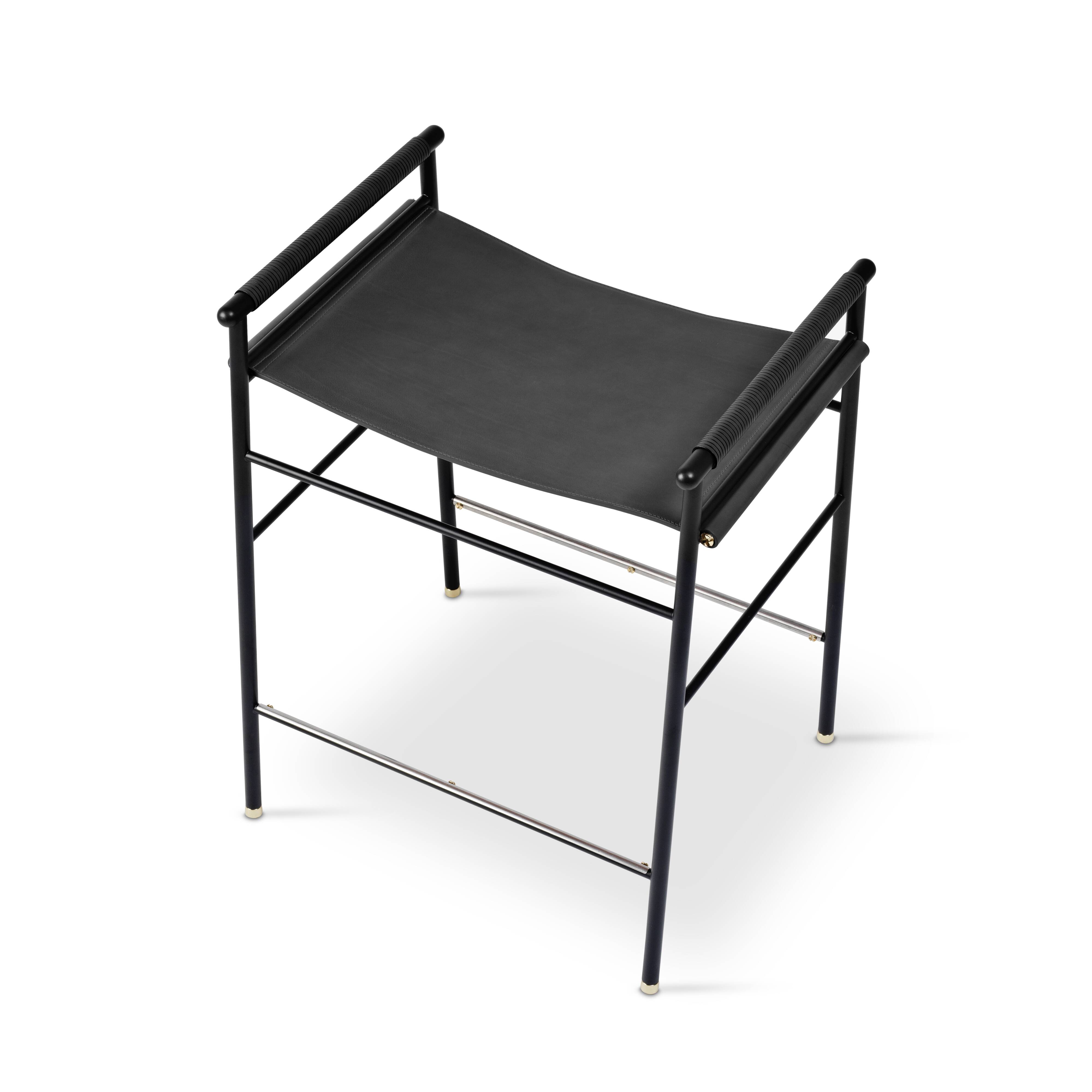 Set of 5 contemporary Artisan bar stools, black leather, black rubber.