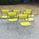Set of 6 designer chairs with wooden seats and backs, chrome legs.