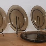 Set of 6 flat plates in smoked brown glass Vereco 70'S Vintage